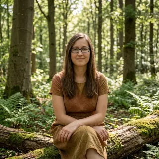 Jolanda van Udenhout, auteur van De Laatste Bestemming, zittend in een zonnig bos