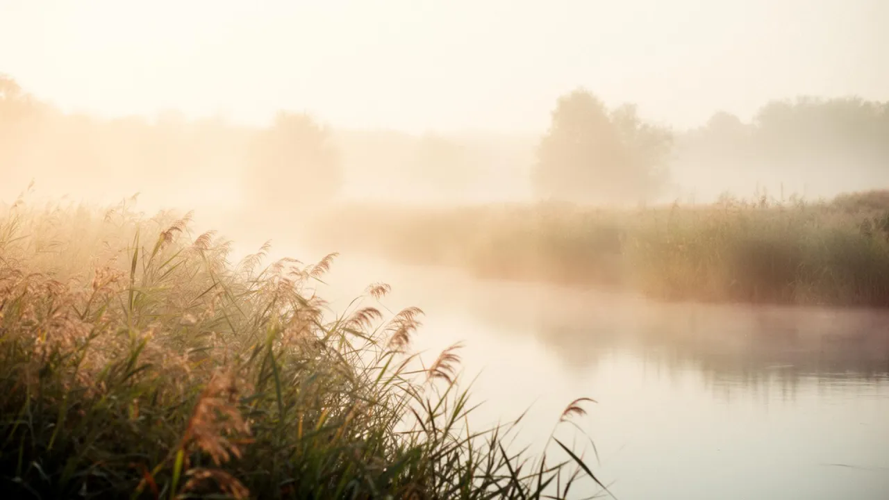 Een kalme rivier met riet in zacht ochtendlicht