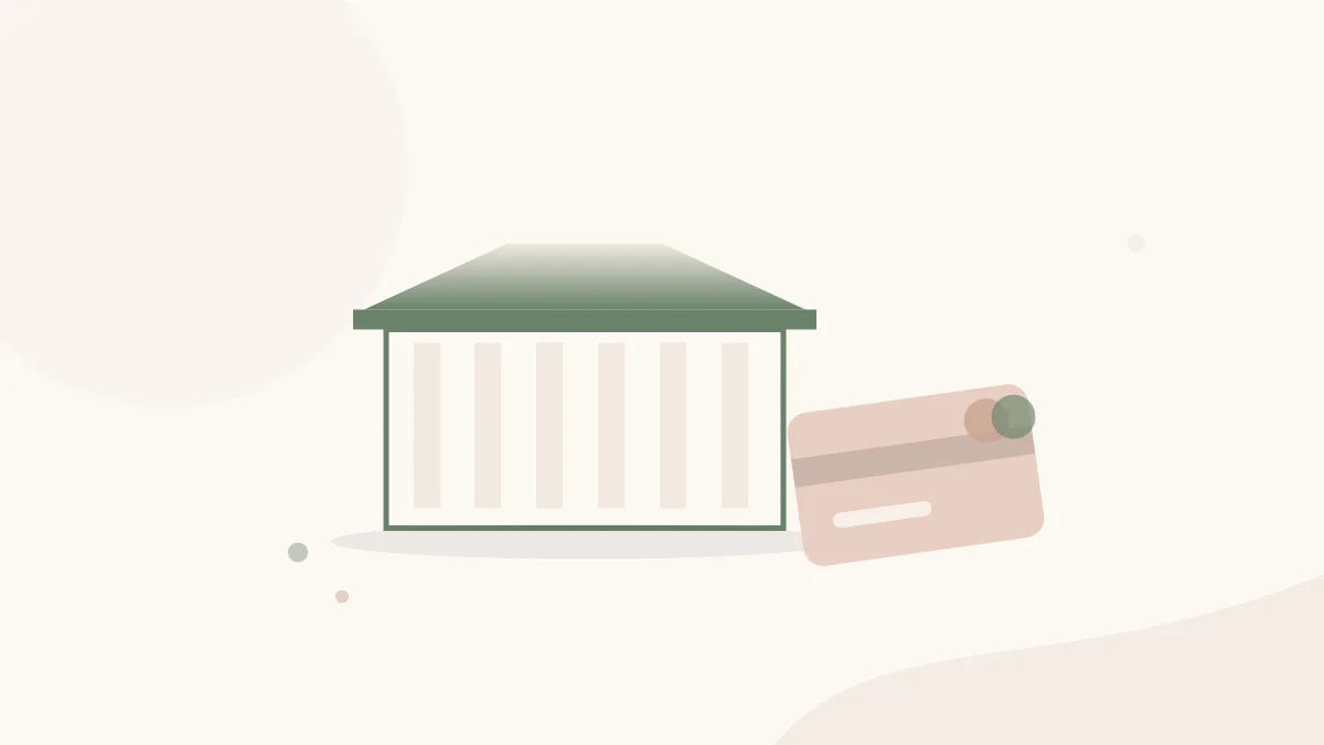 Minimalistische illustratie van een bankgebouw en betaalkaart voor bankzaken na overlijden
