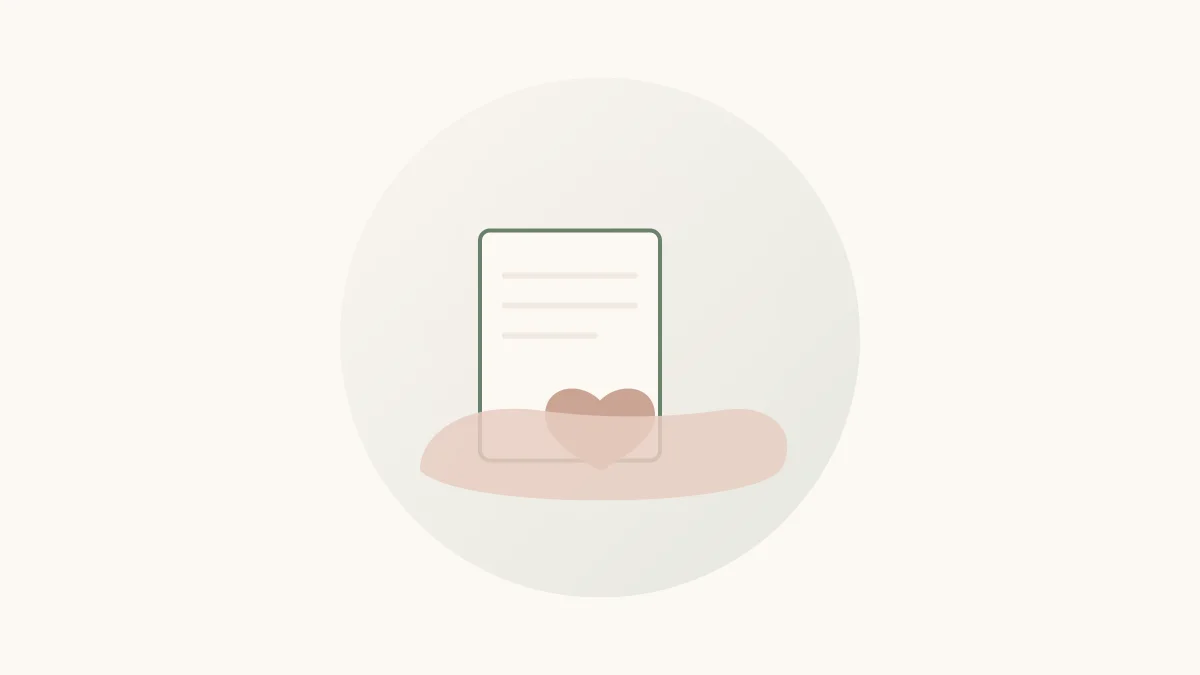 Illustratie van een hand die een wilsverklaring met een hart vasthoudt, symbool voor het vastleggen van medische wensen
